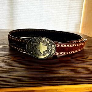 Vintage Cowhide Leather Belt Texas Buckle Size 42 Brown Authentic Rare KC